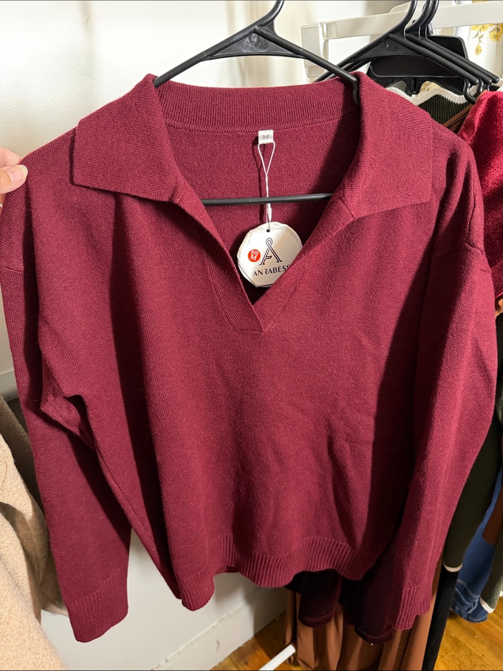 Arabesque Women's V-Neck Collared Sweater in Burgundy